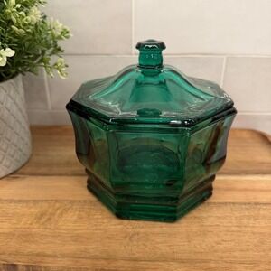 Vintage‎ Indiana Glass Co. Green Candy Dish Octagonal Lidded Jar Jewel Tone